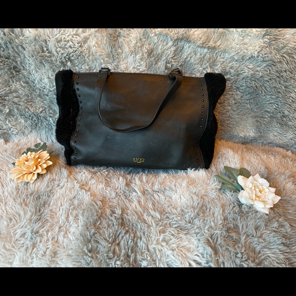 UGG Leather Purse, Black with Wool, Lucinda Tote
